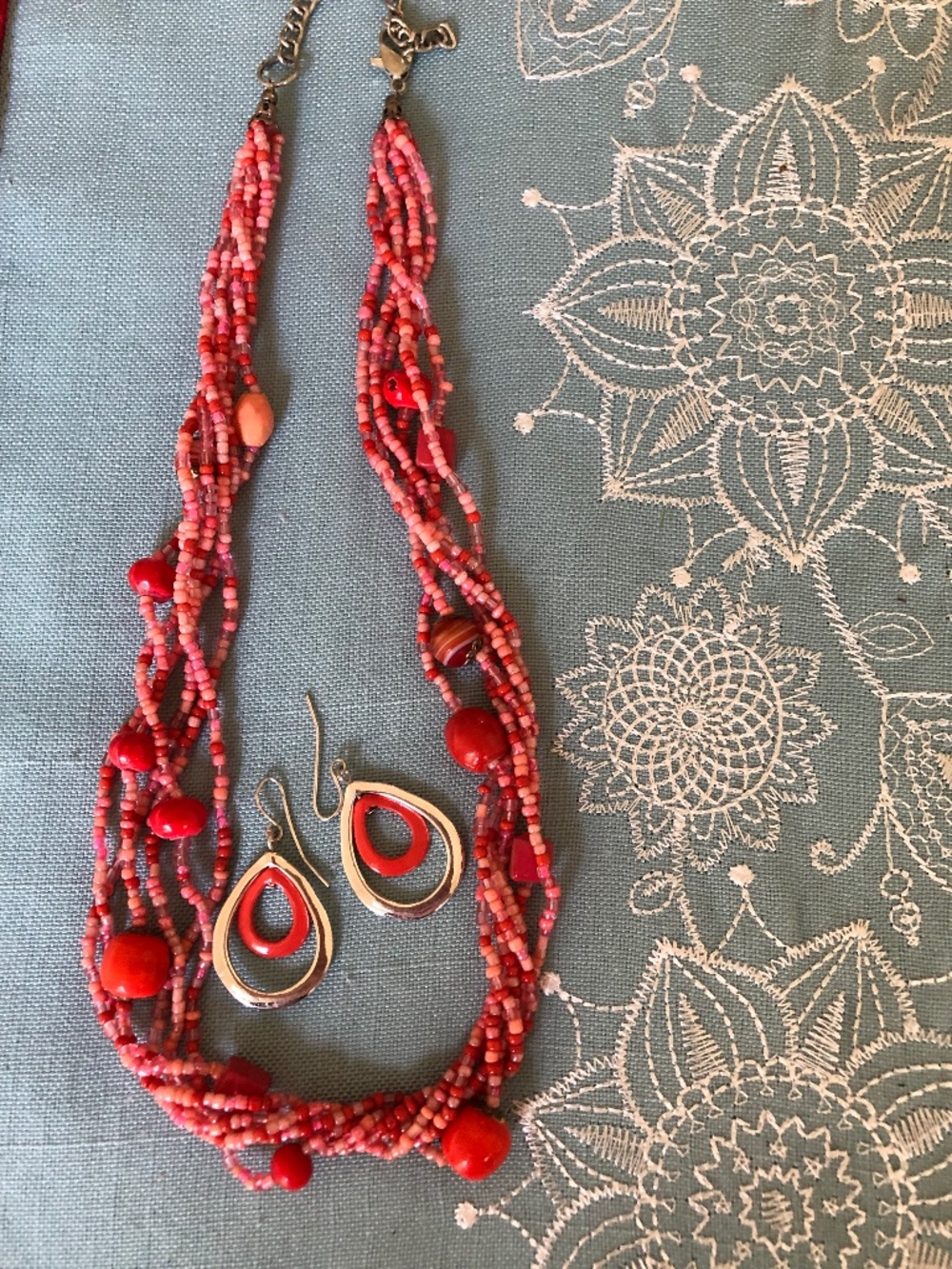 Fun coral and silver necklace and earrings set
